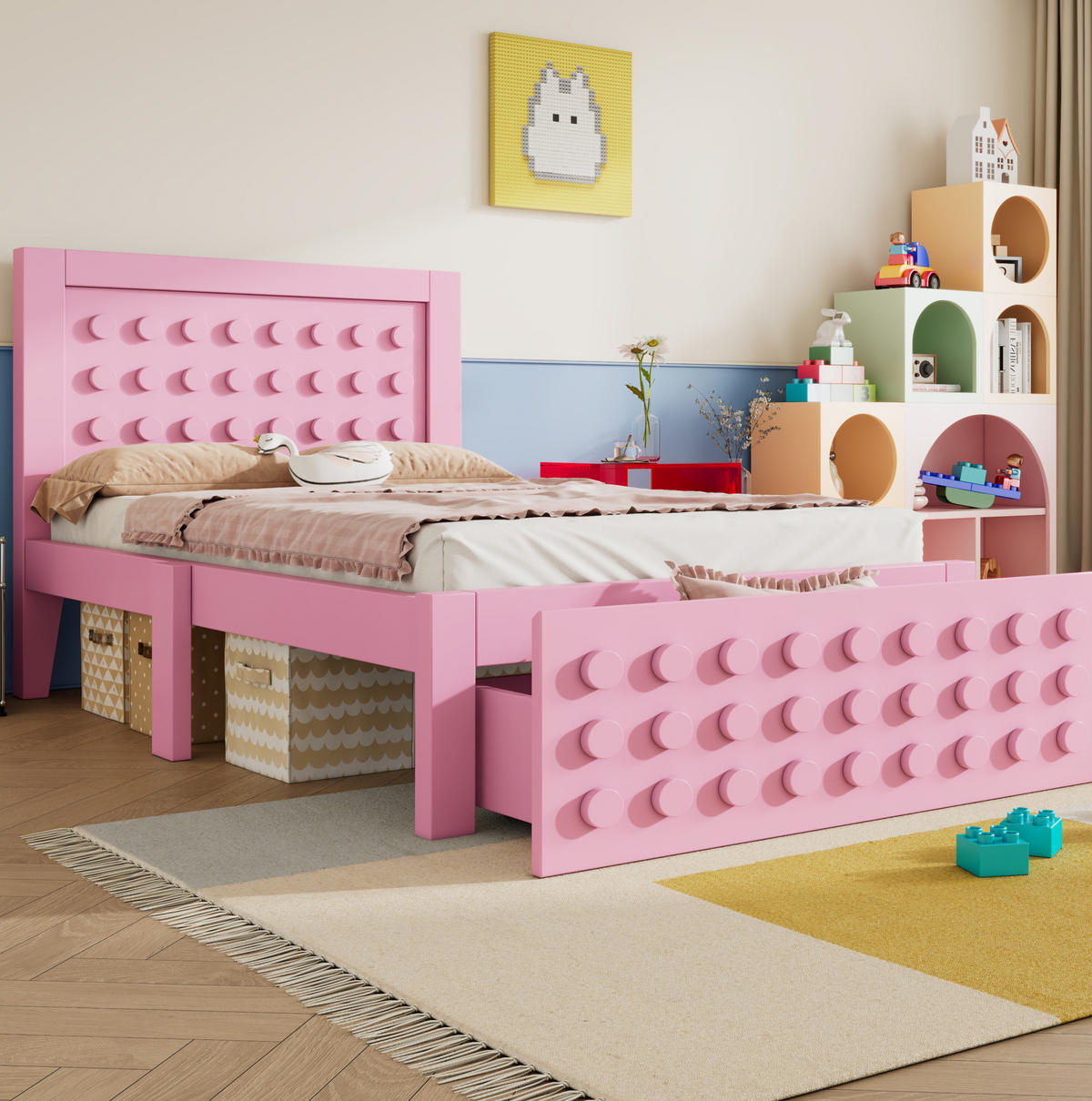 KINDERBETT 90/190 cm Rosa mit kreativem Blockdesign und Stauraum - Pink, Holzwerkstoff (90/190cm) - OKWISH