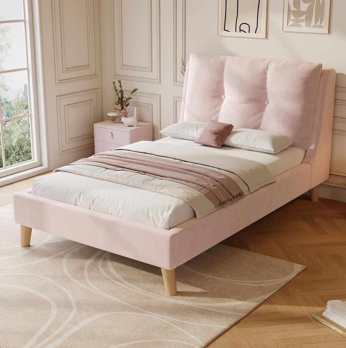 KINDERBETT 90/200 cm rosa aus Samt mit höhenverstellbarem Kopfteil - Rosa, Textil (90/200cm) - OKWISH