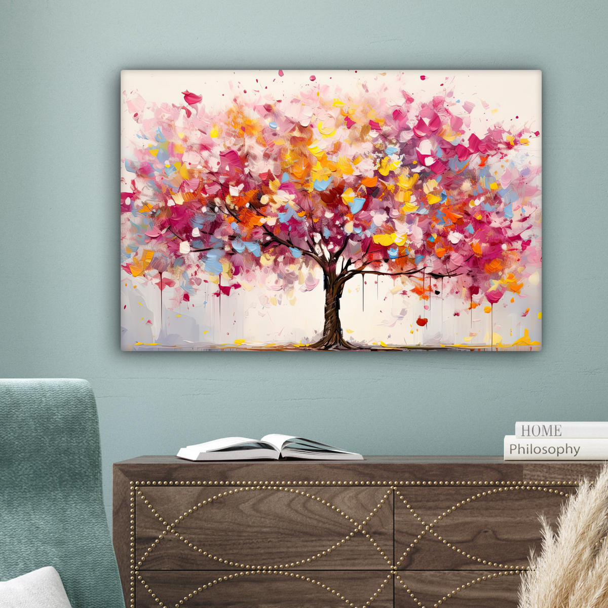 LEINWANDBILD Aquarell - Baum - Kunst - Abstrakt Wanddeko 90x60 cm - Multicolor, Textil (90/60cm) - MuchoWow