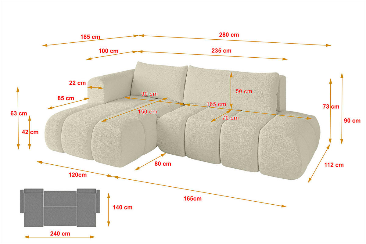 ECKSOFA Ottomane Links CLOUD-L 280x185x90 Beige Bouclé - Beige, Holzwerkstoff/Kunststoff (180/289cm) - ALTDECOR