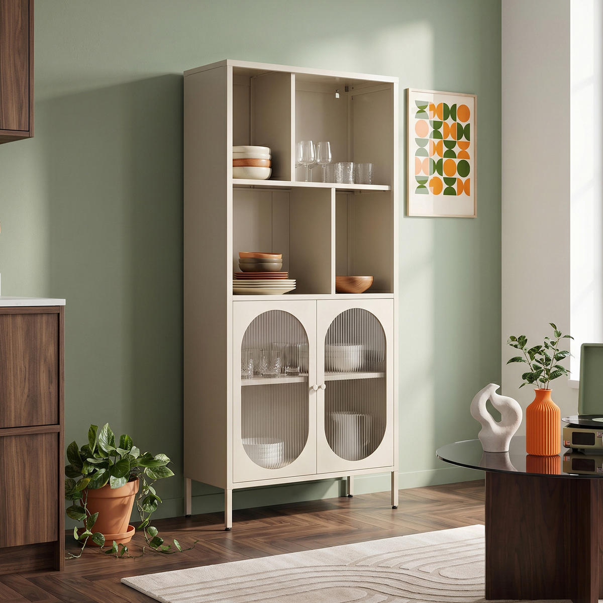 BÜCHERREGAL Metall industriell MILIE, 180 cm hoch, 2 Türen, 4 Nischen, beige und geriffeltes Glas - Beige, Metall (80/180/35cm) - Sicaan