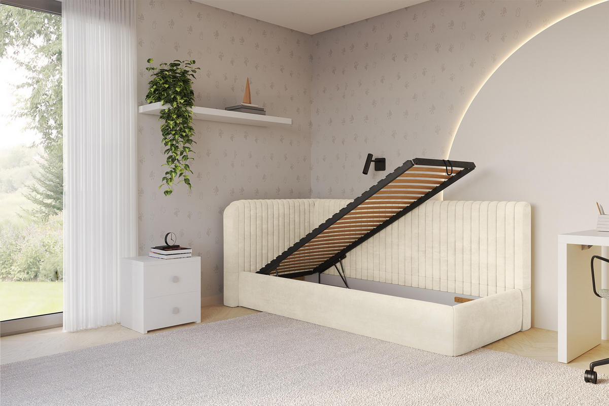 EINZELLBETT Jugendbett mit Bettkasten und Matratze H3/H4, Rechts - AURY 80x200 Beige - Naturfarben, Holzwerkstoff/Textil (80/200cm) - ALTDECOR