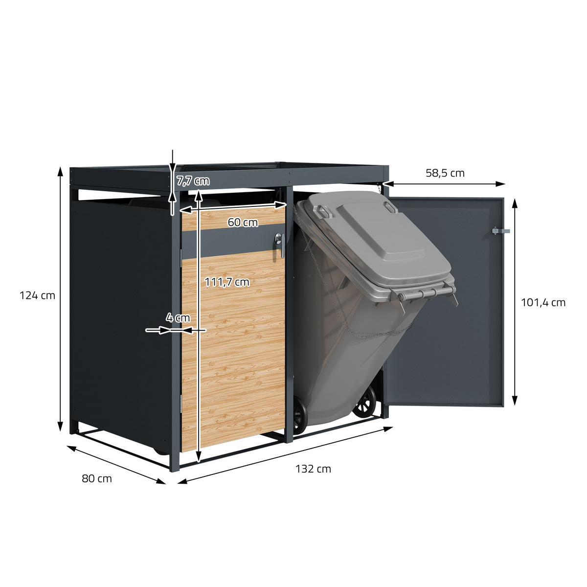 MÜLLTONNENBOX 4er mit Pflanzdach Anthrazit-Lärchenoptik - Hellbraun, Metall (80/124/264cm) - ML-DESIGN