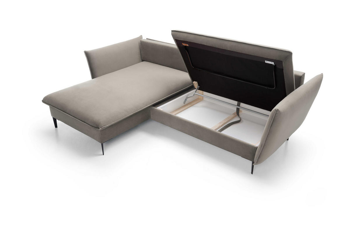 ECKSOFA GLOSS mit Schlaffunktion, Ottomane & goldenen Füßen – Samtsofa im GLOSSour-Stil mit Zierkissen, 258x167x91cm, Linke, GRÜN - Beige, Holz/Textil (167/258cm) - DomoHome