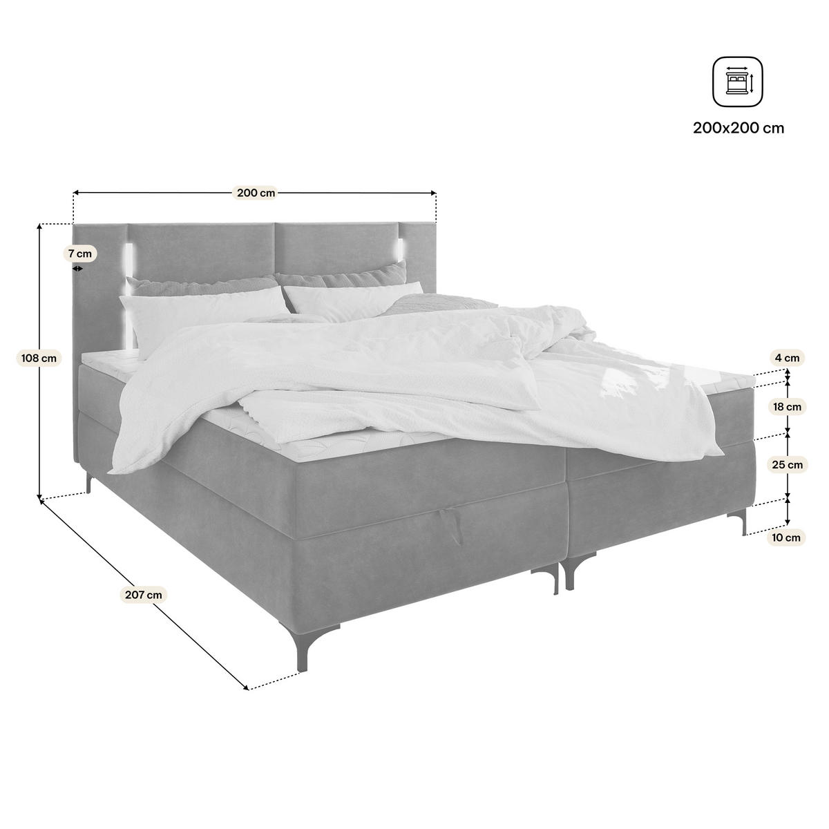 BOXBETT CEVANO 200x200 cm mit Matratze und Topper, H2+H3 - Grau - Grau, Holz (200/200cm) - MASSENO