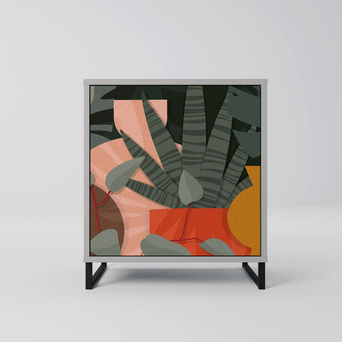 SIDEBOARD TROPICAL COMPOSITION, Grau, 57,5x42x67,5 cm, Schwarze Metall-Rahmenfüße - Multicolor/Schwarz, Holzwerkstoff/Metall (57.5/67.5/42cm) - SpaceRebels