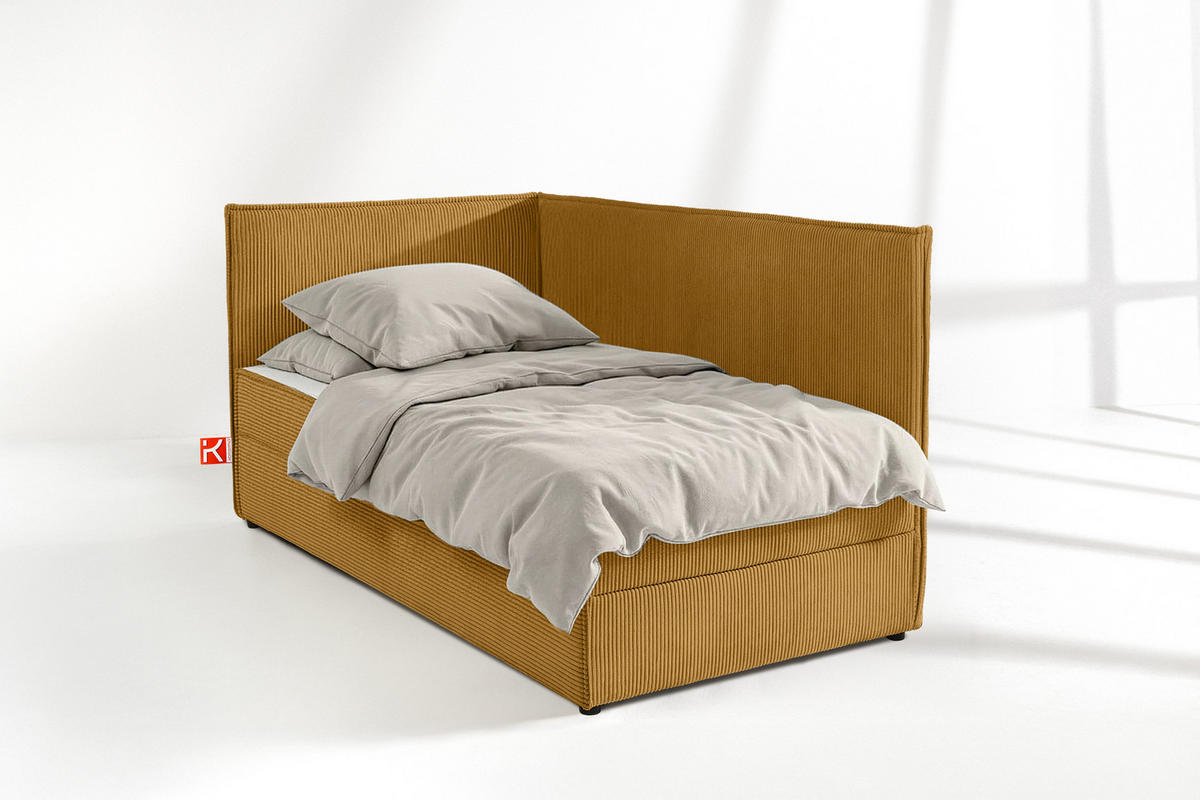 JUGENDBETT ROTI Einzelbett mit Bettkasten, 90x200cm, Bett mit Bonellmatratze, mit Rückenlehne - Gelb/Schwarz, Holz/Holzwerkstoff (92/200cm) - KONSIMO®