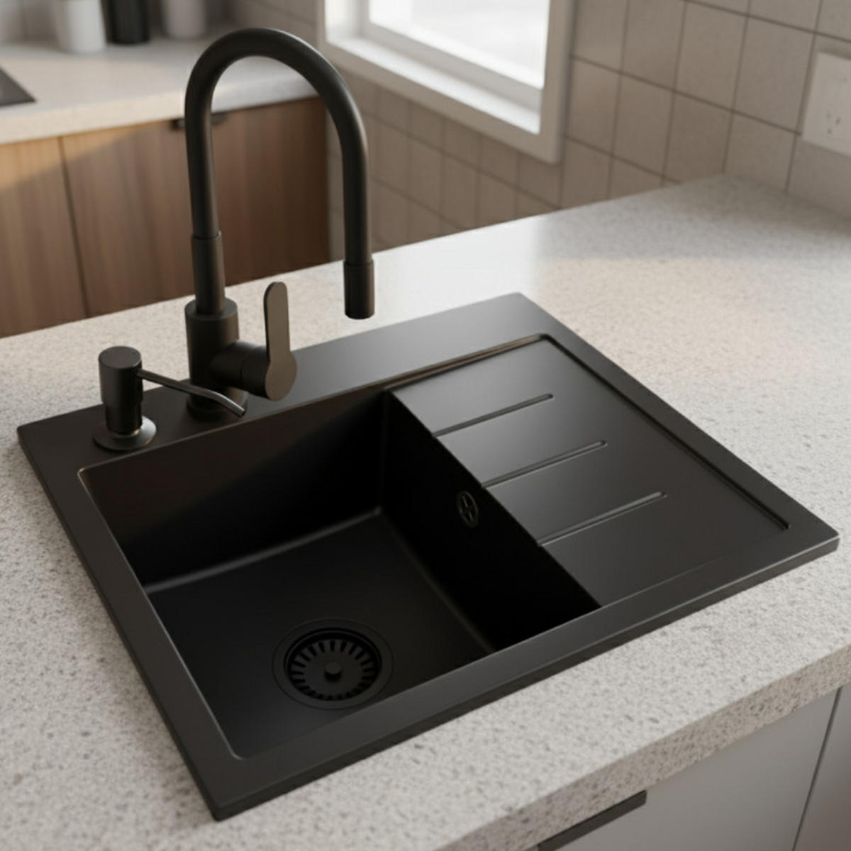 SPÜLBECKEN Amber Schwarz 5-tlg. 60/50 cm mit Abtropffläche - Schwarz, Stein (50/29/50cm) - Granitan