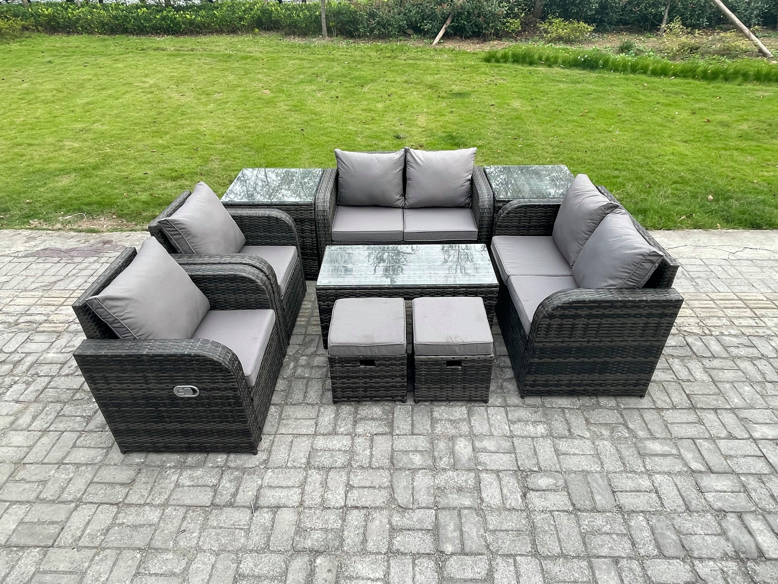 GARTENSOFA SET mit LIEGESTUHL Polyrattan 8-Sitzer Dunkelgrau - Dunkelgrau/Grau, Glas/Kunststoff - Fimous