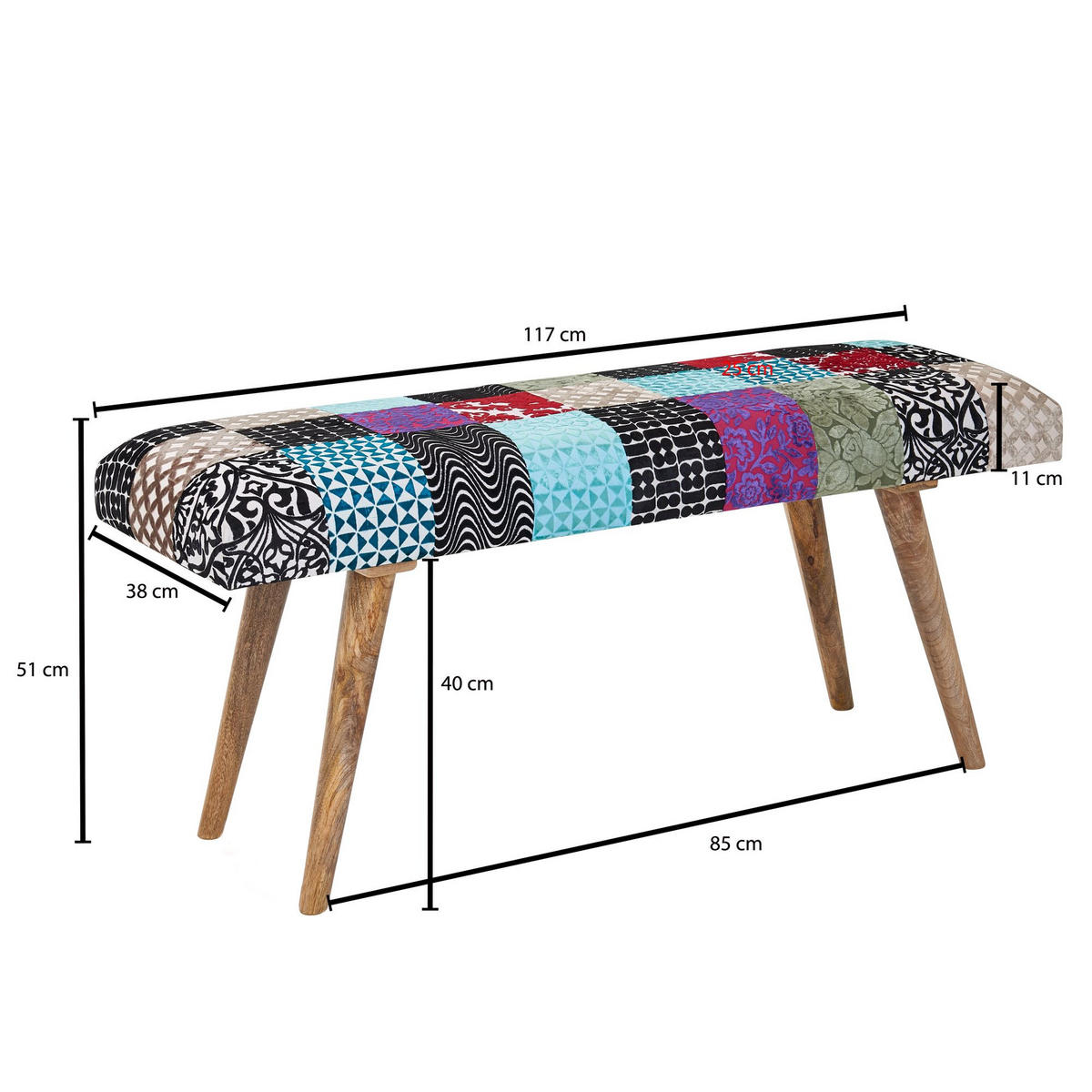 SITZBANK – Patchwork-Stoff, Massivholzbeine - Multicolor/Braun, Mangoholz/Textil (117/51/38cm) - KADIMA DESIGN