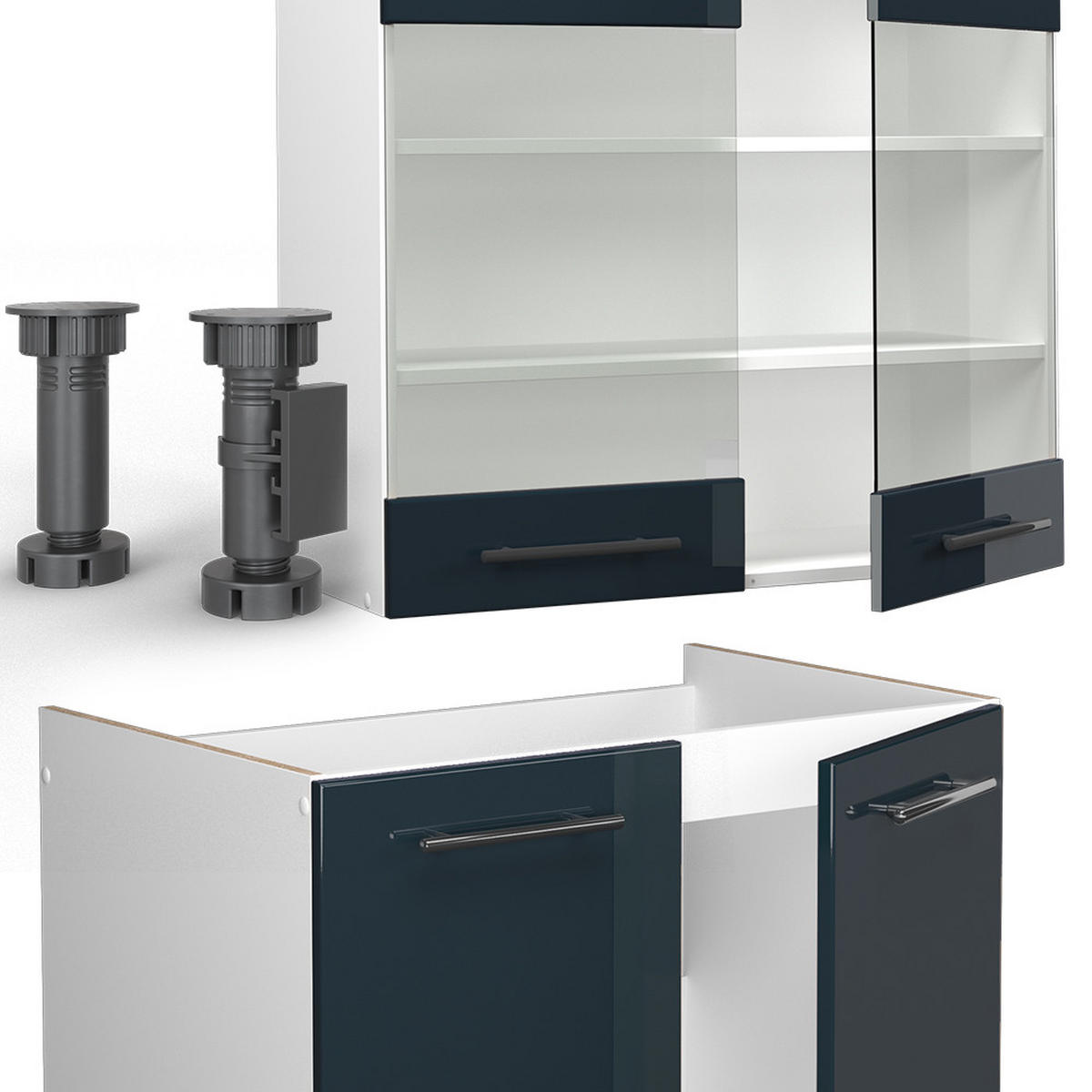 KÜCHENZEILE Fame-Line Dunkelblau Hochglanz/Weiß 235 cm, AP Eiche - Dunkelblau/Weiß, Holzwerkstoff (235/81.6/60cm) - Vicco