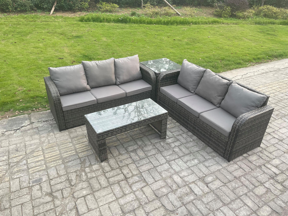GARTENSOFA SET mit COUCHTISCH Polyrattan 6-Sitzer - Dunkelgrau/Grau, Glas/Kunststoff - Fimous
