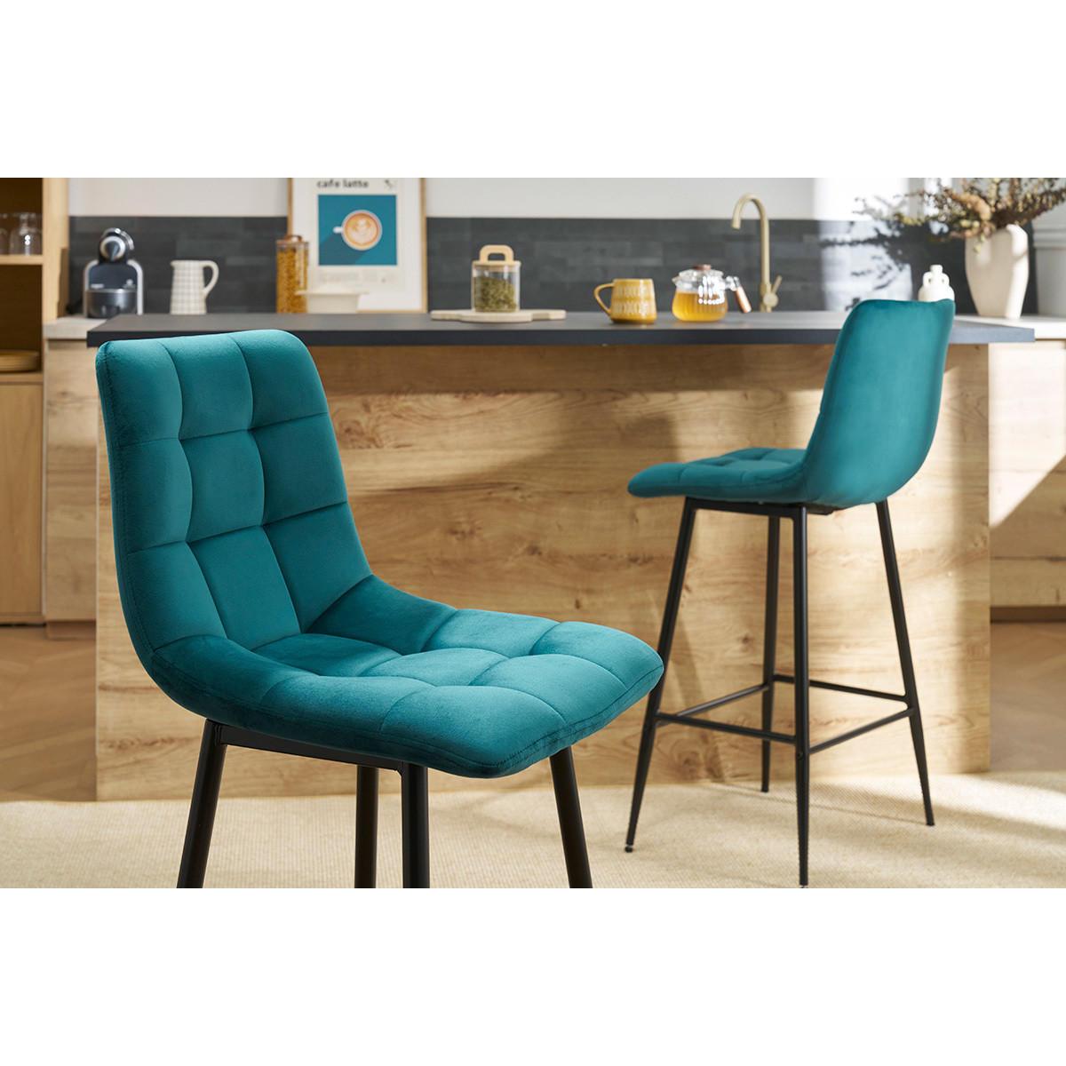 BARHOCKER Samt Petrol H65 cm 2er-Set MAXWELL - Blau, Textil (51/99/50cm) - Miliboo