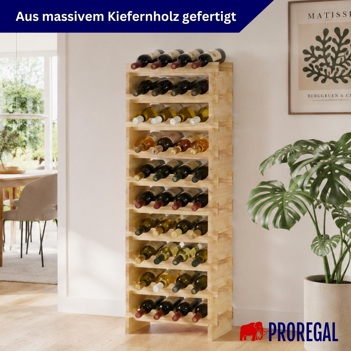WEINREGAL NAVARRA aus Holz 135x46x28cm 40 Flaschen auf 10 Ebenen Natur unbehandelt - Naturfarben, Holz (46/135/28cm) - PROREGAL