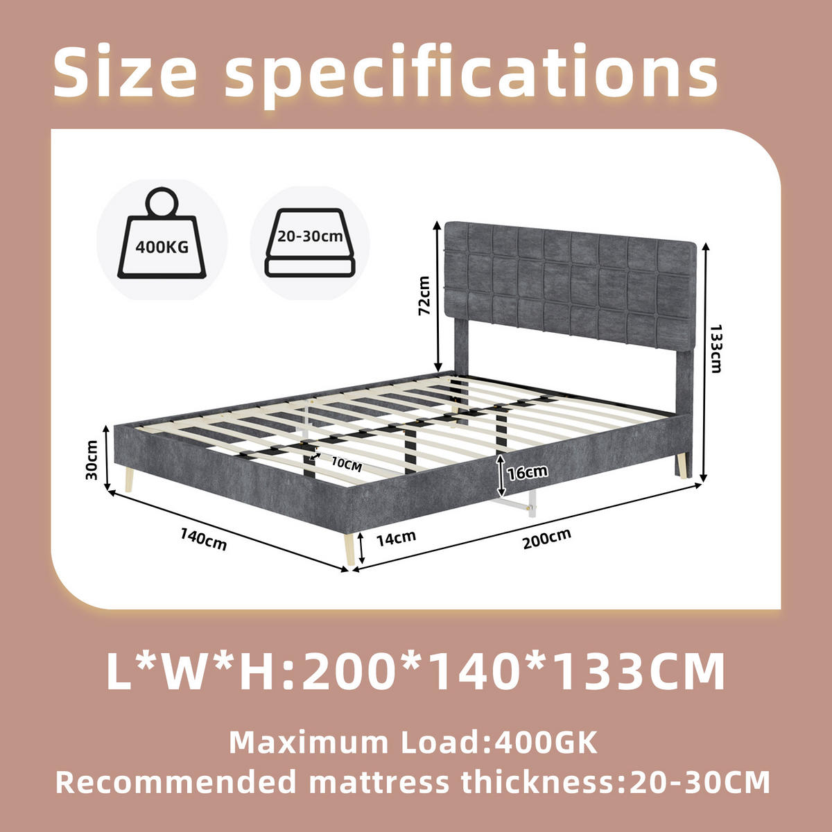 POLSTERBETT 140/200 cm DE-32943 mit Karosteppung-Kopfteil Grau - Grau, Metall (140/200cm) - ComfortXL