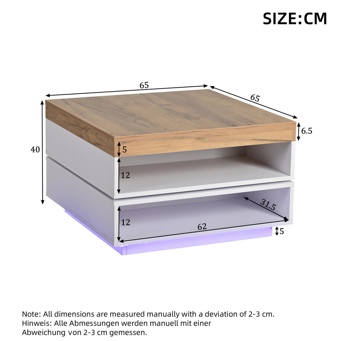 COUCHTISCH 65/65/40 cm mit LED-Beleuchtung und 360° drehbarer Tischplatte - Weiß, Holzwerkstoff (65/65/40cm) - Flora Grace