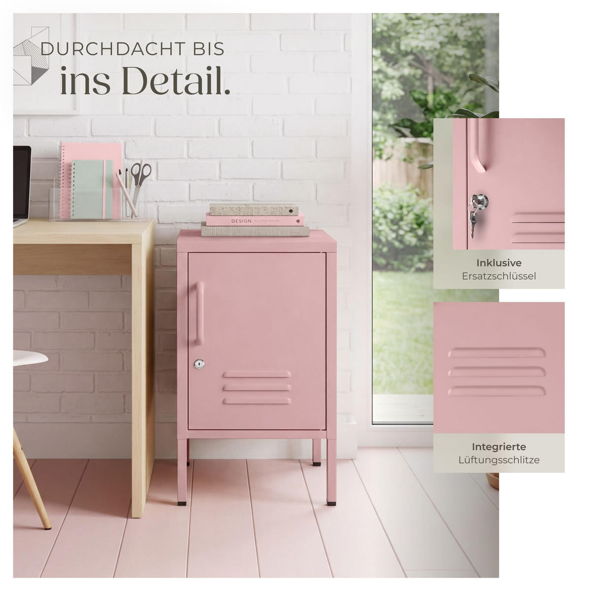 NACHTSCHRANK Baker, Kippschutz, höhenverstellbare Füße, rosa - Rosa, Metall (35/60.5/42.5cm) - tectake
