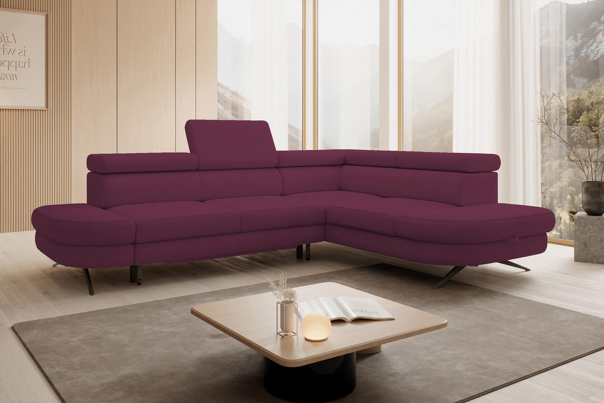 ECKSOFA OTIS L-förm, Schlaffunktion, verstellbare Kopfstützen, in AURORA-Stoff, lose Rückenkissen, freistehend, RECHTS 276x218x97 cm Purple - Lila, Holz/Textil (276/218cm) - DomoHome