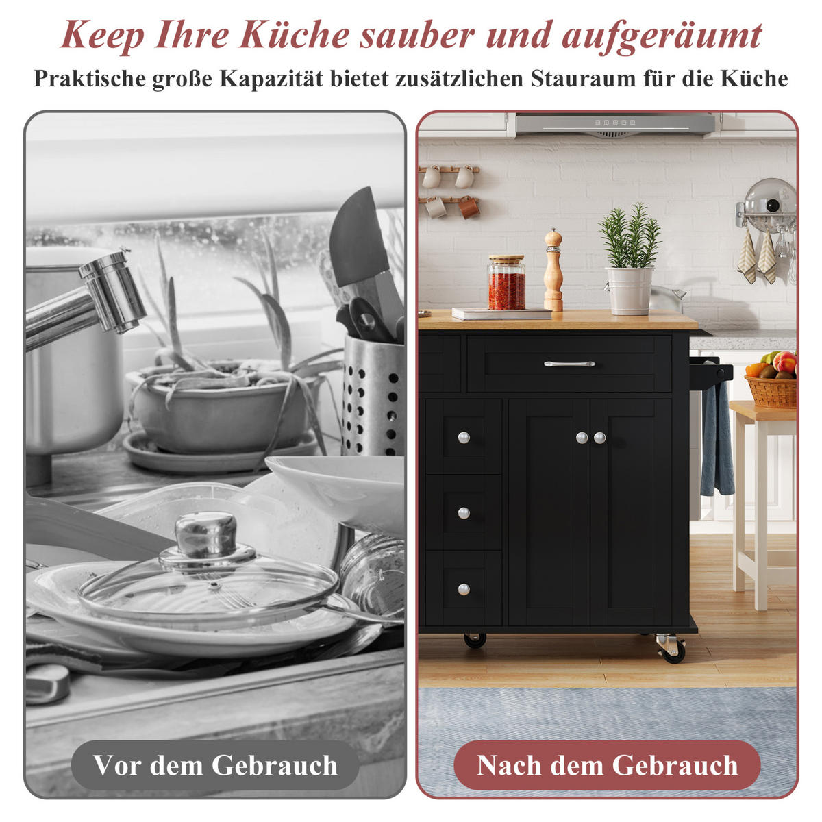 KÜCHENWAGEN 140/40/89 cm in Schwarz/Natur mit Klappplatte und 5 Schubladen - Schwarz, Holzwerkstoff (140/89/65cm) - Flora Grace