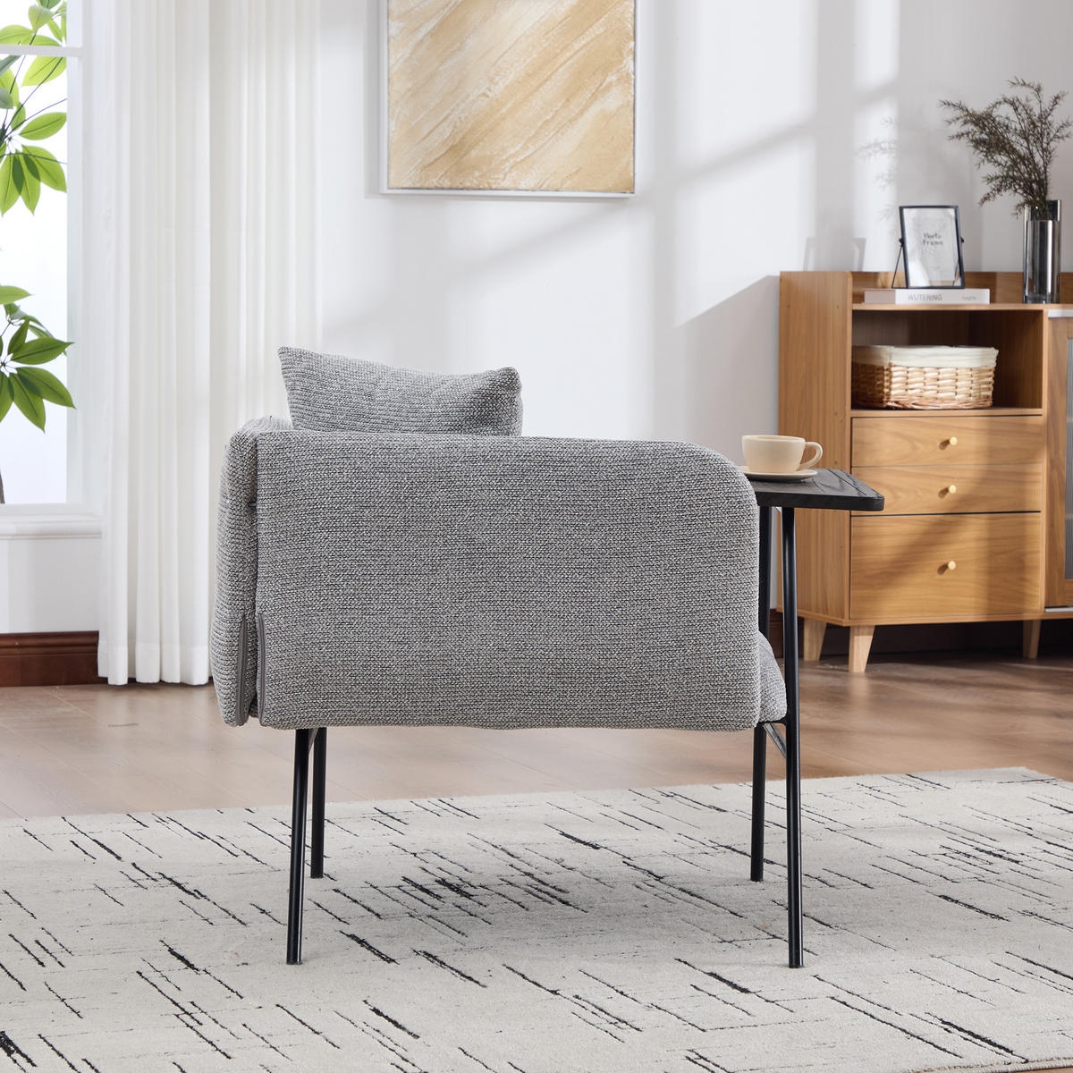 SESSEL Chenille Grau mit Beistelltisch und Seitentaschen - Grau, Textil/Metall (86/71/72cm) - WISHDOR