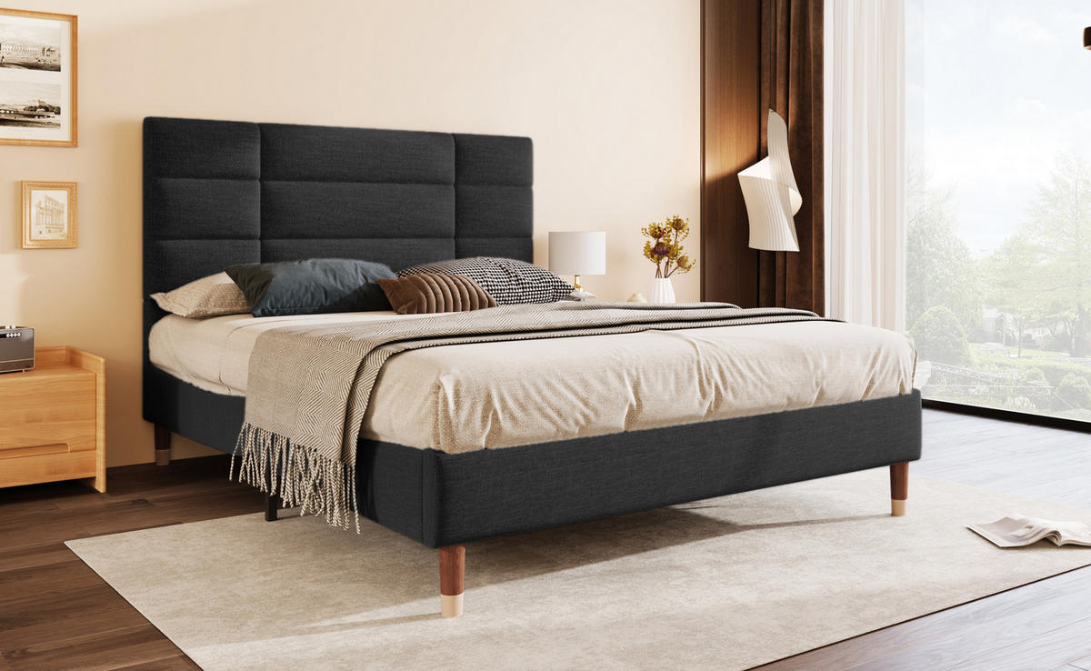 POLSTERBETT 140/200 cm Schwarz aus Leinen mit Lattenrost - Schwarz, Holz (140/200cm) - OKMYHOME