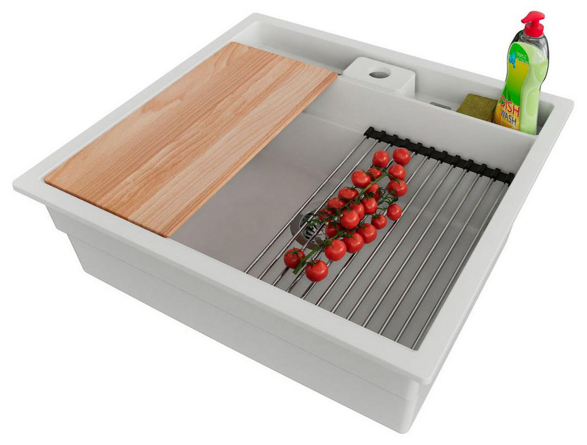 UNTERBAUSPÜLE GRANIT Bergen Pocket, 2-er set Weiß 56/54 cm 1 Becken + Ablauf-Set + Küchenzubehörset ab 60er Unterschrank - Chromfarben/Beige, Kunststoff (56/20/54cm) - Primagran