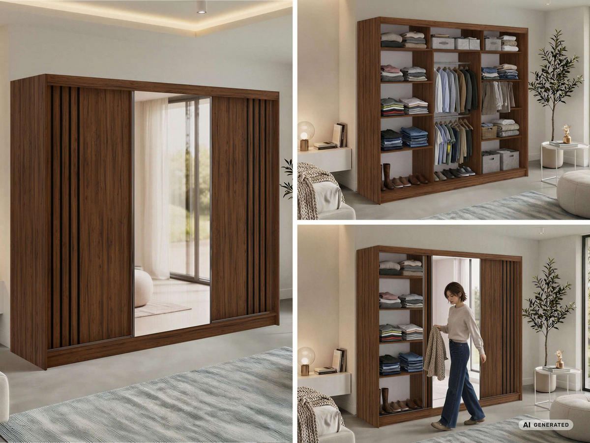 SCHWEBETÜRENSCHRANK mit Lamellen, Spiegel und Schubladen DIANA - 240 - Warmia Walnuss und Schwarz - Walnussfarben/Schwarz, Holzwerkstoff/Metall (240/216/61cm) - MKS