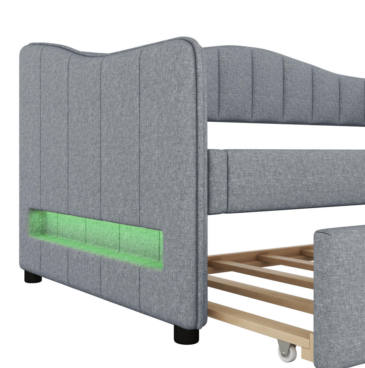 DNEVNA postelja iz lanu in MDF 90x200 cm siva z izvlečno posteljo in LED osvetlitvijo - siva, tekstil (90/200cm) - Modfu