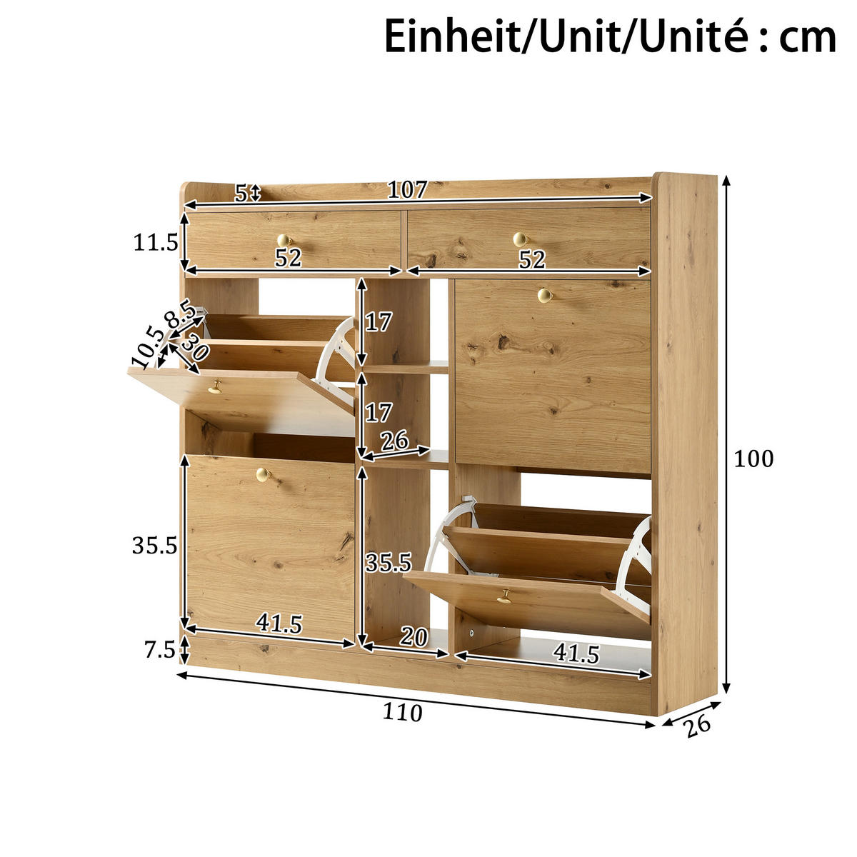 SCHUHSCHRANK aus Spanplatte 110x26x100cm in Natur mit 4 Klapptüren - Naturfarben, Holzwerkstoff (110/100/26cm) - Modfu