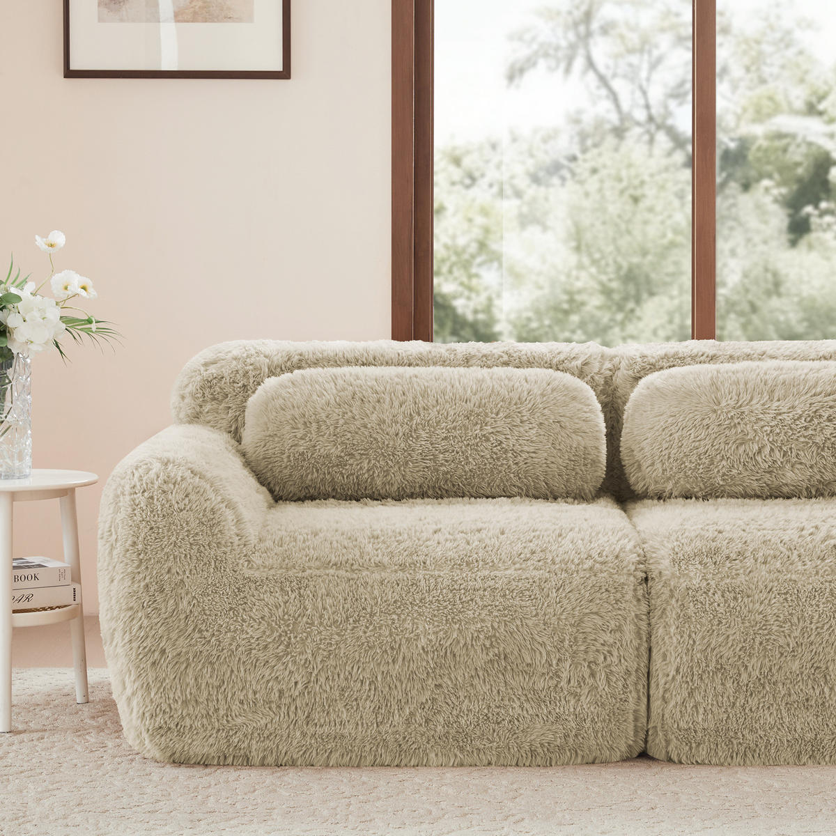 ECKSOFA in L-Form modular mit Ottoman, Premium-Plüschstoff und ohne Montage, Hellkhaki - Beige, Textil (204/179cm) - Redom