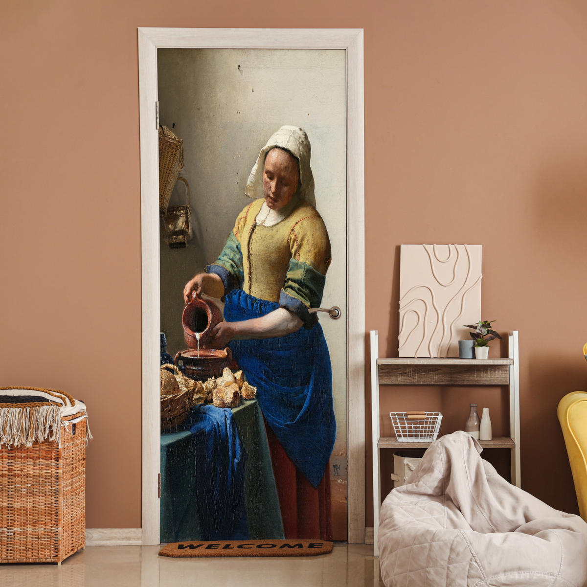 TÜRAUFKLEBER Das Milchmädchen - Johannes Vermeer Deko Wohnzimmer 95x235 cm - Türtapete - Dunkelblau, Kunststoff (95/0.1cm) - MuchoWow