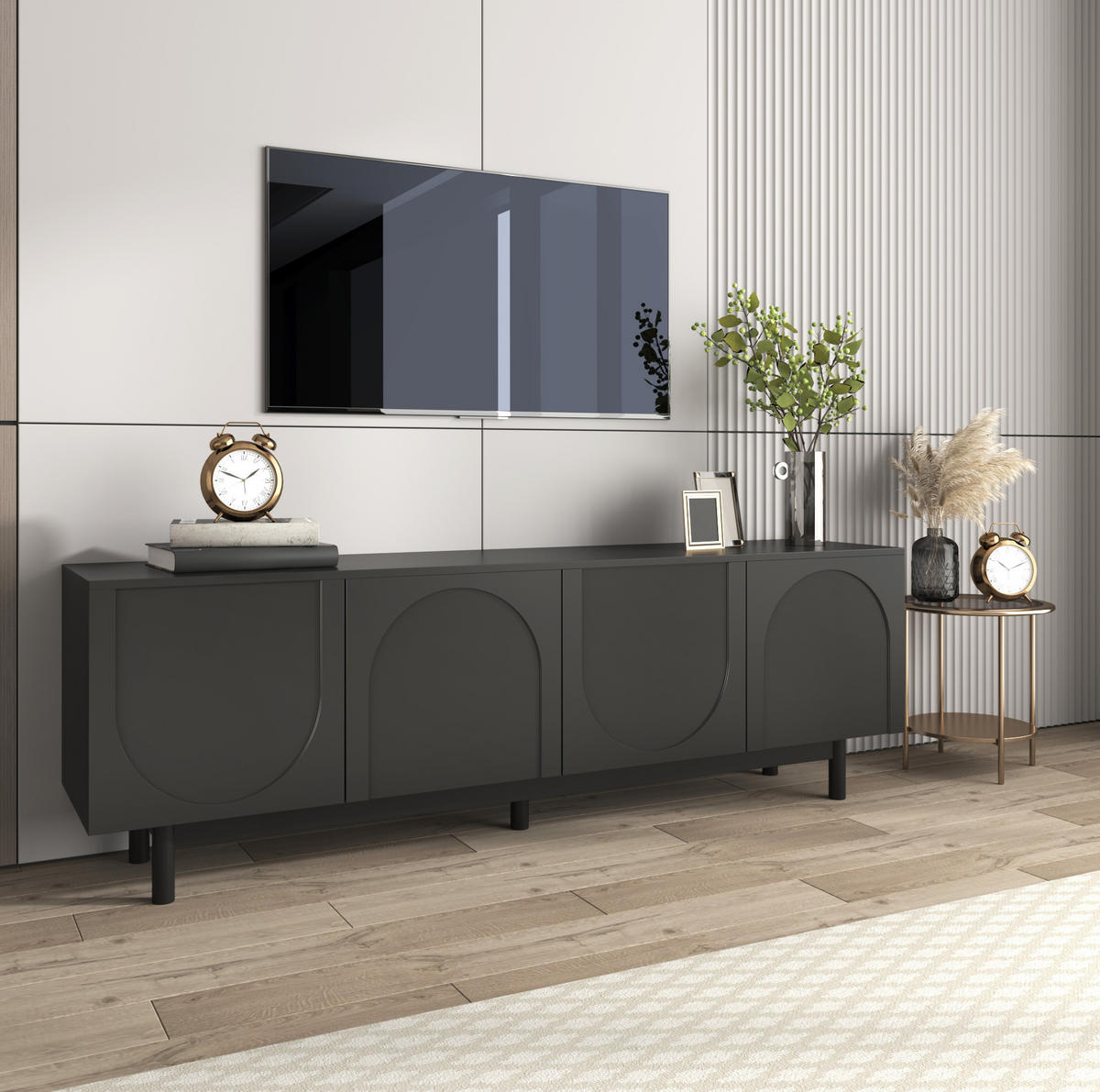 TV-SCHRANK mit 4 Türen 175 x 38 x 56 cm MDF Schwarz - Schwarz, Holzwerkstoff (38/56/175cm) - Beauniv