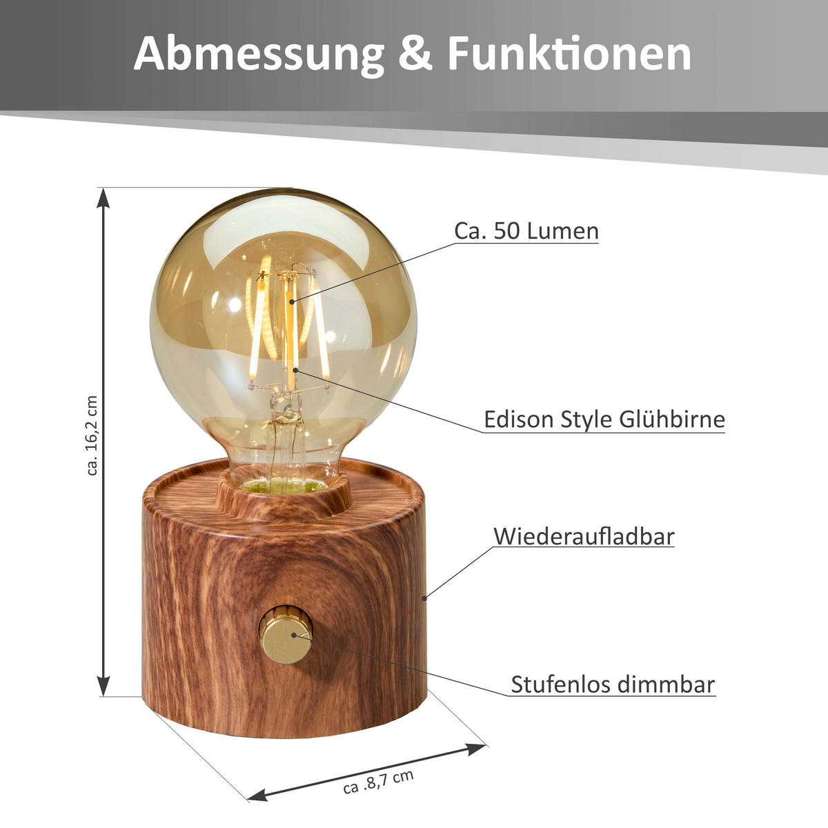 LED-TISCHLAMPE Vintage Edison dimmbar 10x9x16cm Walnuss - Braun, Kunststoff (10/8.7/16cm) - Northpoint