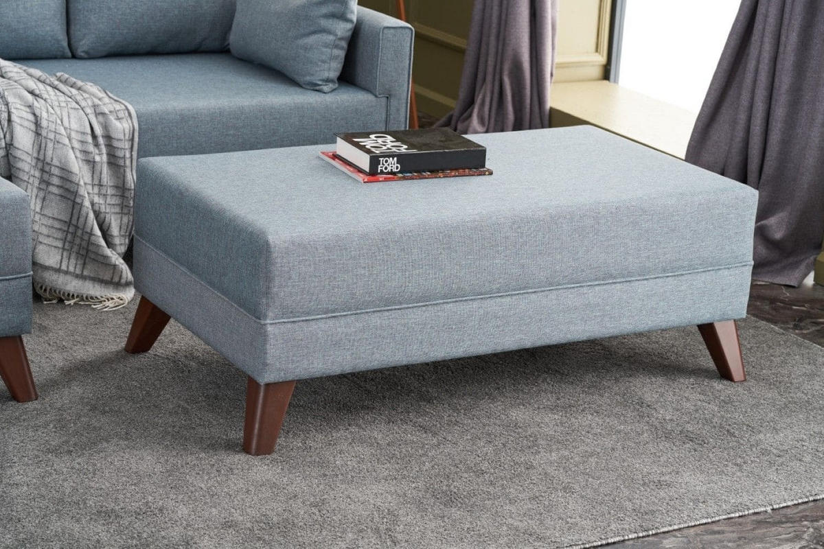 ECKSOFA mit Hocker als Schlaffläche, perfekt für kleine Räume - Blau/Walnussfarben, Holz/Kunststoff (140/205cm) - myHomelando