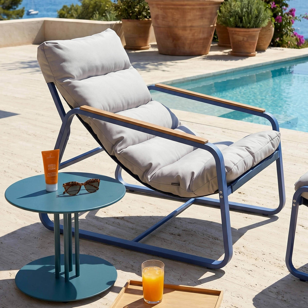 GARTEN-RELAXSESSEL mit Fußstütze, Pazifikblau - Blau, Textil (72/77/91cm) - Oviala