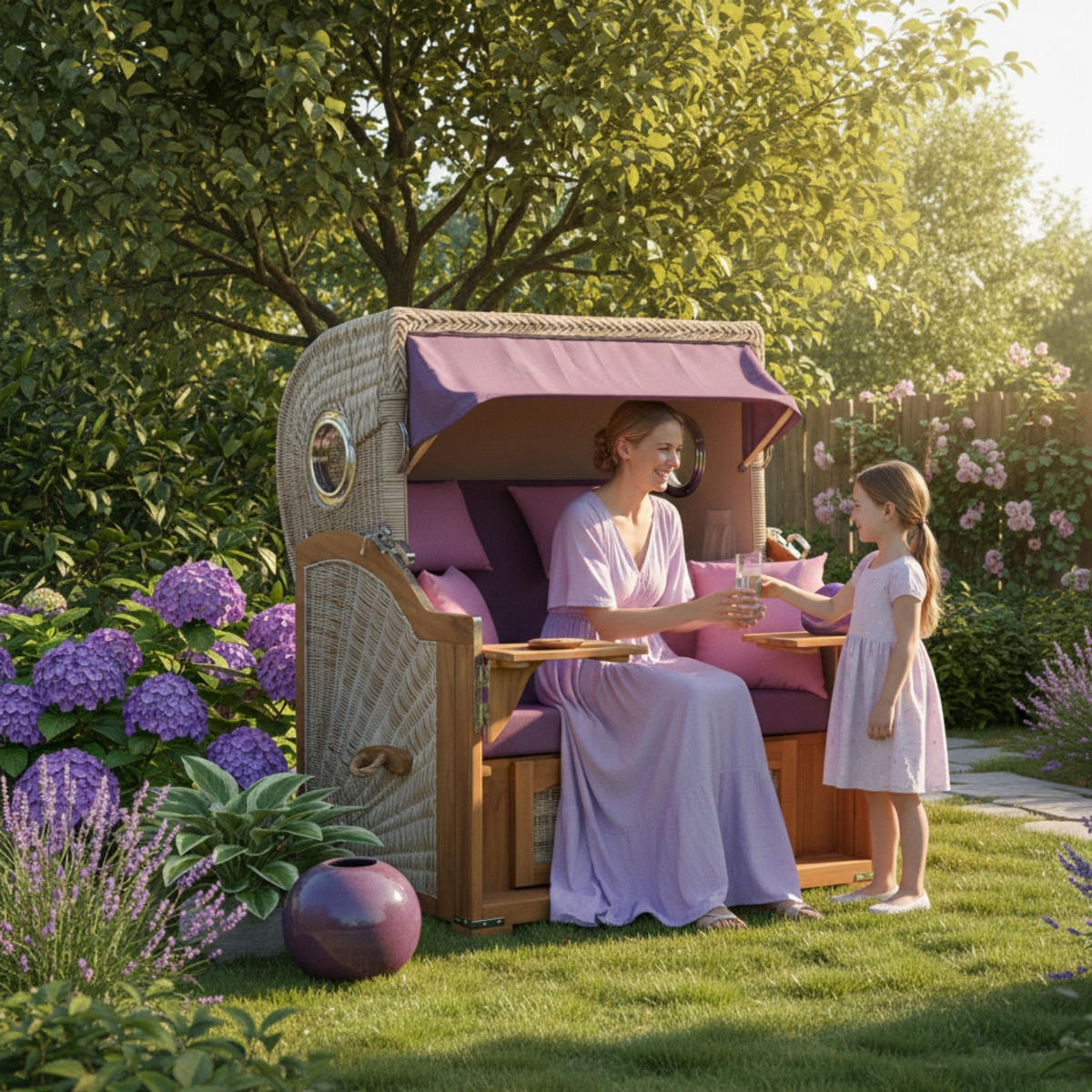 STRANDKORB XXL Düne Grande Teak PE Shell - Violett/Lila, Metall (142/170/95cm) - Mr. Deko