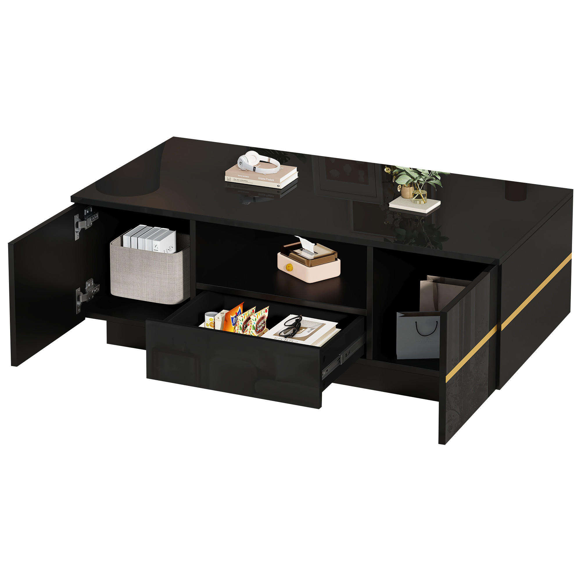 KLUB-STOLIĆ 100/50/35,5 cm s LED rasvjetom i prostor za pohranu u crnoj boji - boje oraha/crna, drvni materijal (50/100/35.5cm) - CHICFURN
