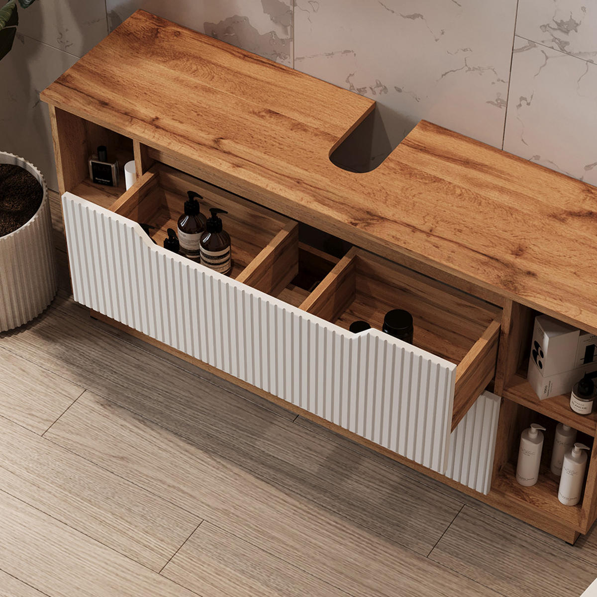 BADMÖBEL-SET Lotta Eiche/weiß gestreift 5 Teile - Weiß, Holzwerkstoff (119.2/62.5/35cm) - Vicco