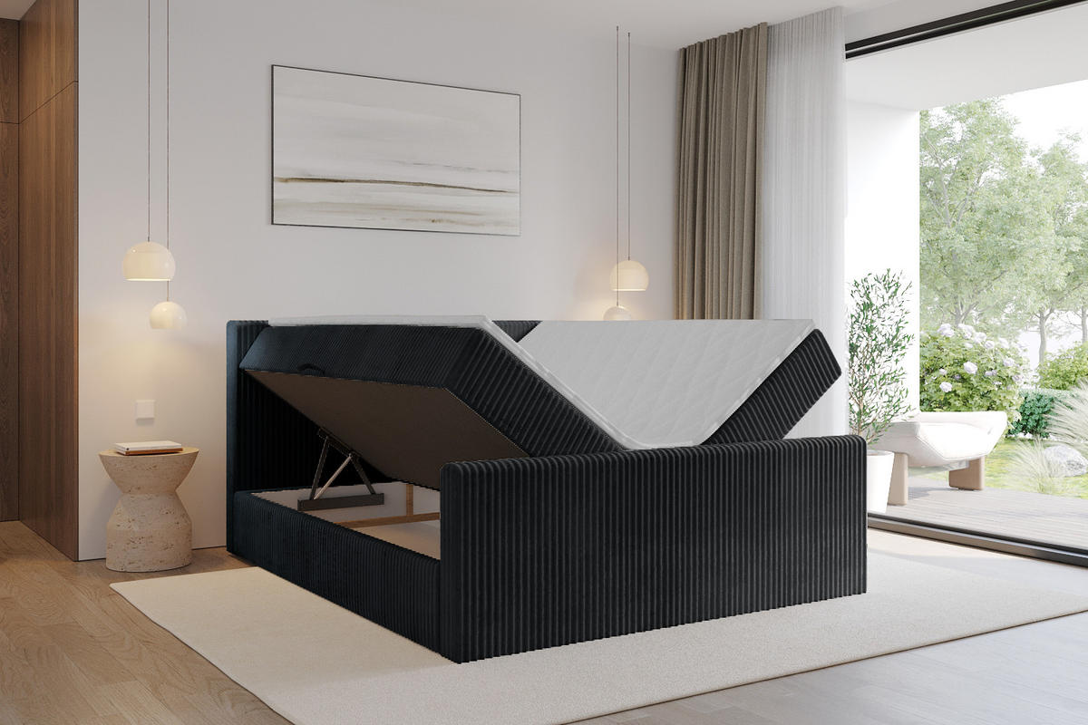 BOXBETT mit Matratze H3 und Lattenrost - TOLO-Z - 140x200 Cord - Schwarz - Schwarz, Holzwerkstoff (140/200cm) - ALTDECOR