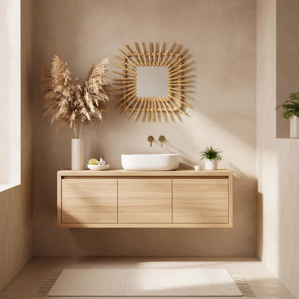 BOHO-WANDSPIEGEL Rea 45cm Qdj071 - Beige, Glas (45/2.5/45cm) - REA