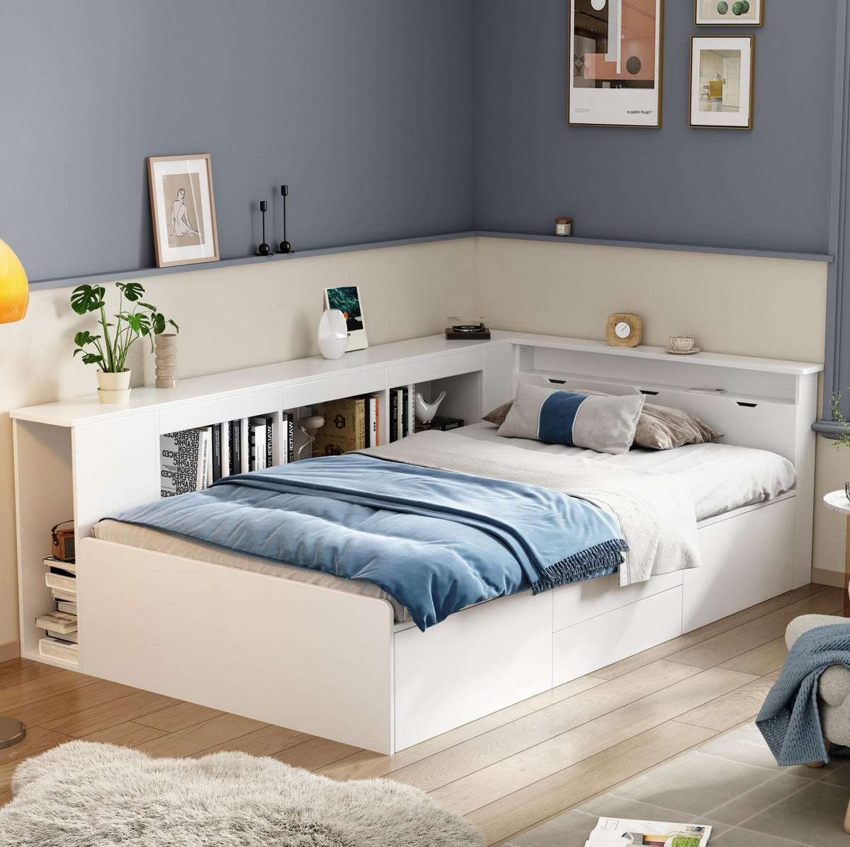 KINDERBETT 90/200 cm mit 4 Schubladen, Bücherregal und Stauraumschrank, Weiß - Weiß, Holzwerkstoff (90/200cm) - Redom
