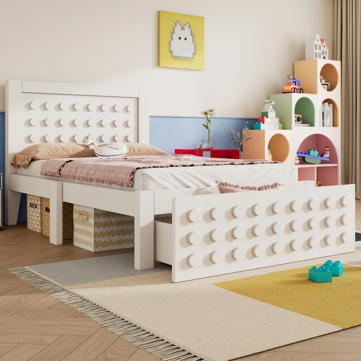 KINDERBETT 90/200 cm Weiß mit Stauraum und kreativem Blockdesign - Weiß, Holz (90/200cm) - OKWISH