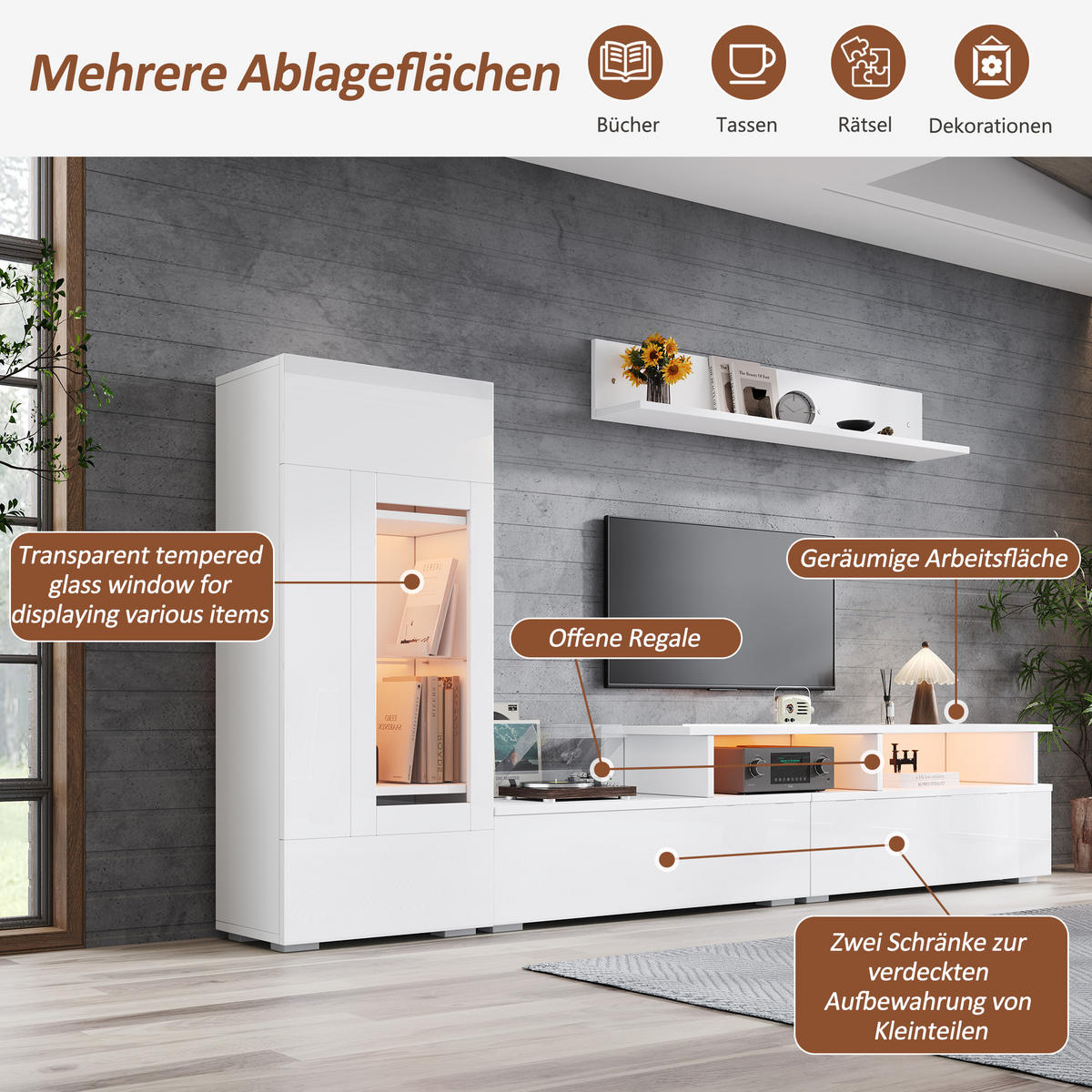 WOHNWAND 3-teilig LED Hochglanz Weiß TV Schrank - Weiß, Holzwerkstoff (170/45/35cm) - FLIEKS