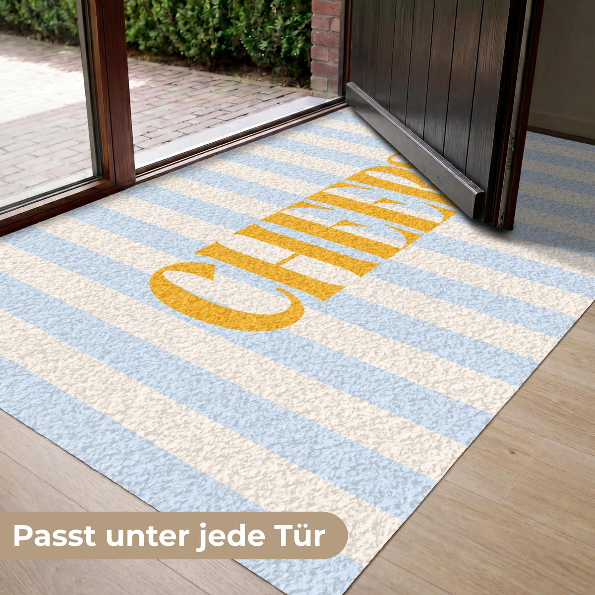 FUSSMATTE Orange – Blau – Streifen – Cheers 150x90 cm - Hellblau, Kunststoff (150/0.4cm) - MuchoWow