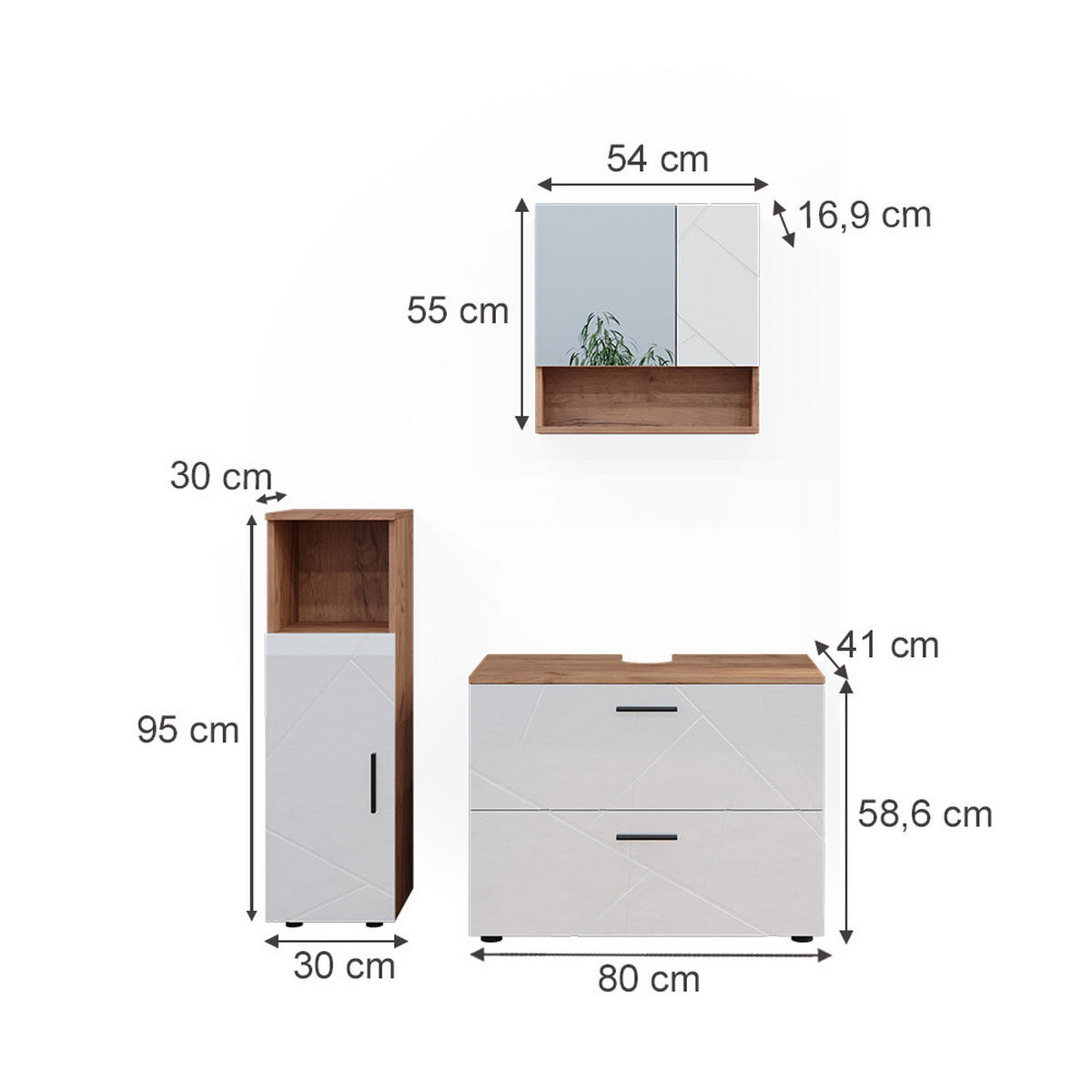 BADMÖBEL-SET Irma Weiß Hochglanz/Goldkraft Eiche 3 Teile mit Midischrank - Weiß Hochglanz/Eiche Wotan, Holzwerkstoff (80/58.6/41cm) - Vicco