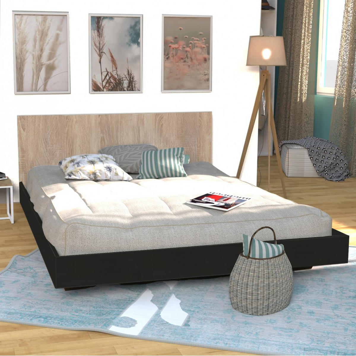 BETT MIT KOPFTEIL LOFT / 160x200 cm - Schwarz & gebleichte Eiche Dekor - Eichefarben/Schwarz, Holzwerkstoff (160/200cm) - Weber Industries