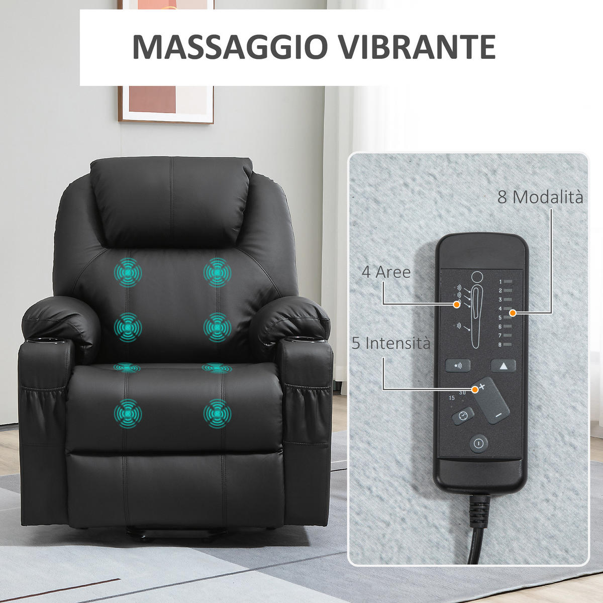 AUFSTEHSESSEL,135° verstellbar 8 Massagepunkte Fußstütze,schwarz - Schwarz, Leder (92/106/88cm) - Vallsero