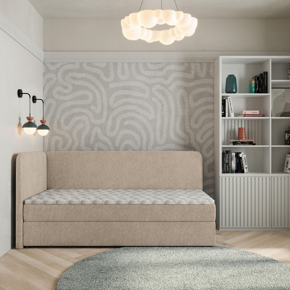 BOXBETT GINA 80x200 cm mit Matratze und Topper, H2+H3 - Beige - Beige, Holz (80/200cm) - MASSENO