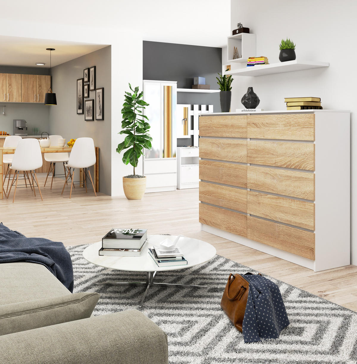 KOMMODE Weiß, Eiche Sonoma 121/160/40 - Weiß, Holzwerkstoff (160/121/40cm) - RAUMHIRSCH FURNITURE