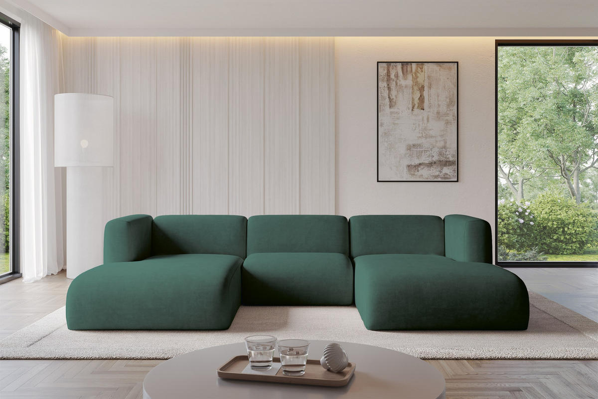 WOHNLANDSCHAFT MIRA-U1 317x179x70 Grün Velours - Dunkelgrün/Schwarz, Holzwerkstoff/Kunststoff (317/70/179cm) - ALTDECOR